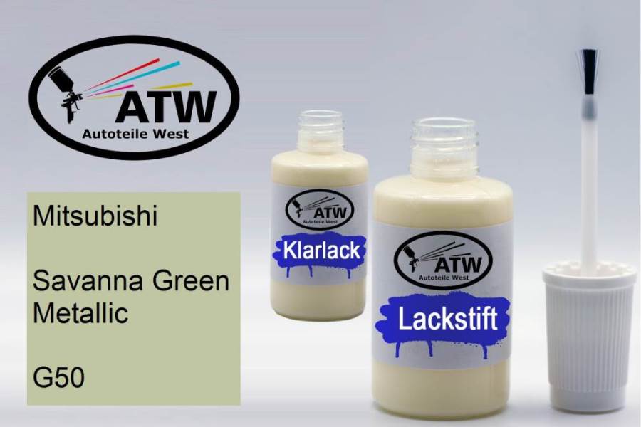 Mitsubishi, Savanna Green Metallic, G50: 20ml Lackstift + 20ml Klarlack - Set, von ATW Autoteile West.